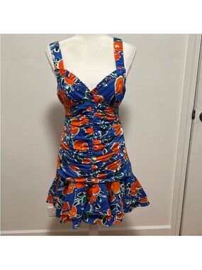 Jonathan Simkhai Blue and Orange Floral Ruched Mini Dress